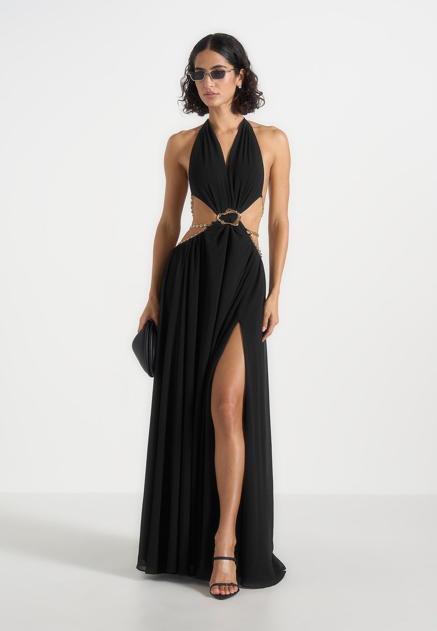 Women's Chain Belt Cut-Out Georgette Halter Maxi Dress - Black - US 4 - June