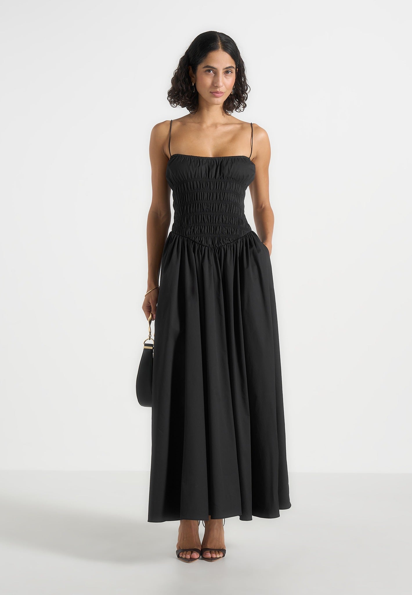 Women's Smocked Waist Cotton Maxi Dress - Black - US 6 - Elva