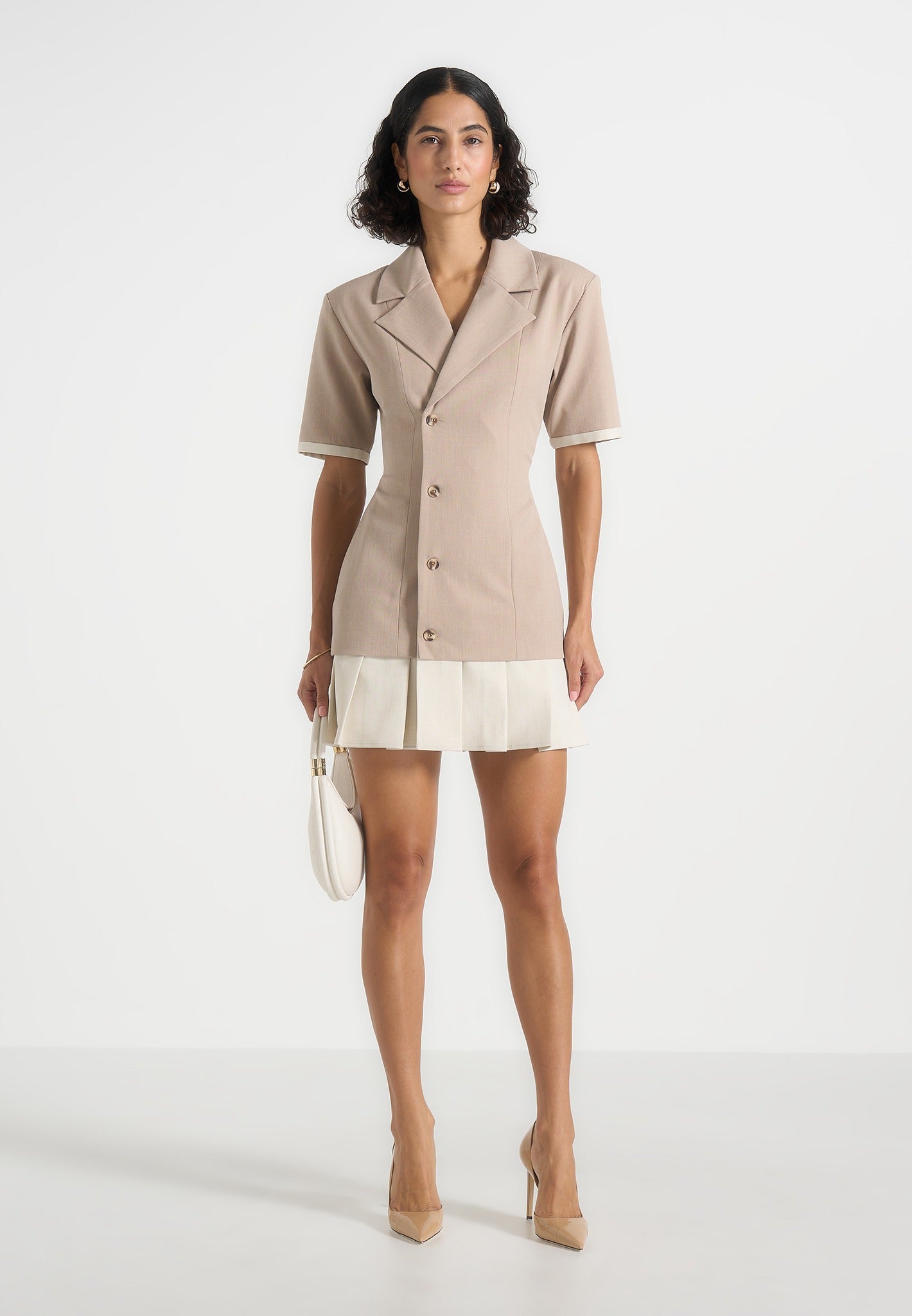 Women's Tailored Cinch Waist Pleated Blazer Dress - Beige - US 10 - Baya