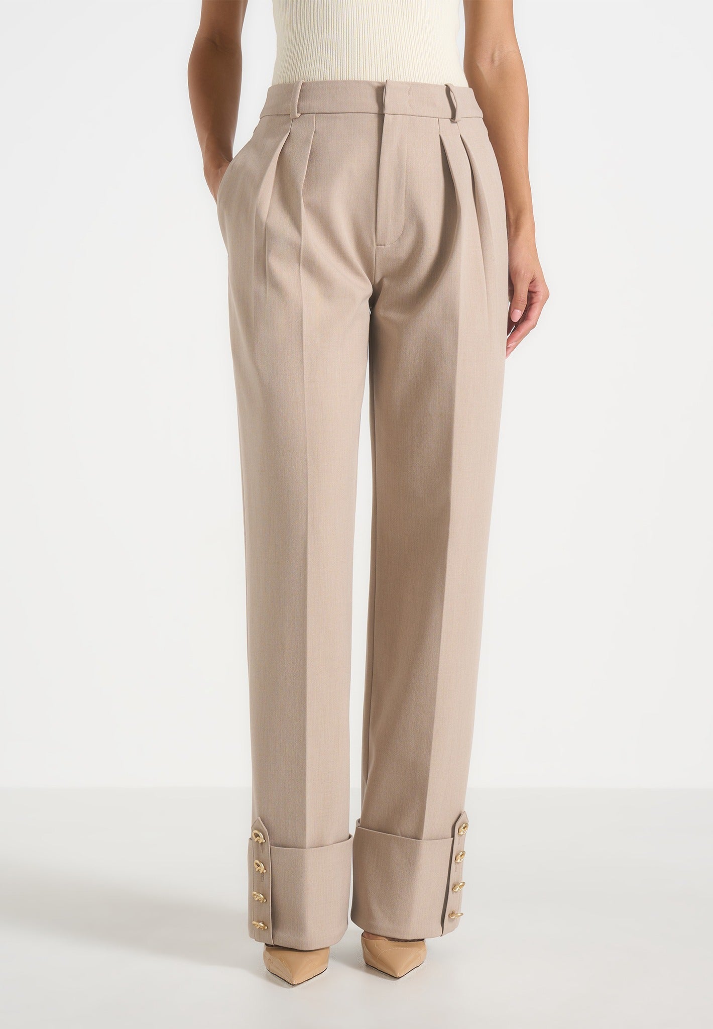 Women's Turn Up Detail Tailored Twin Pleat Pants - Beige - US 2 - Darlene