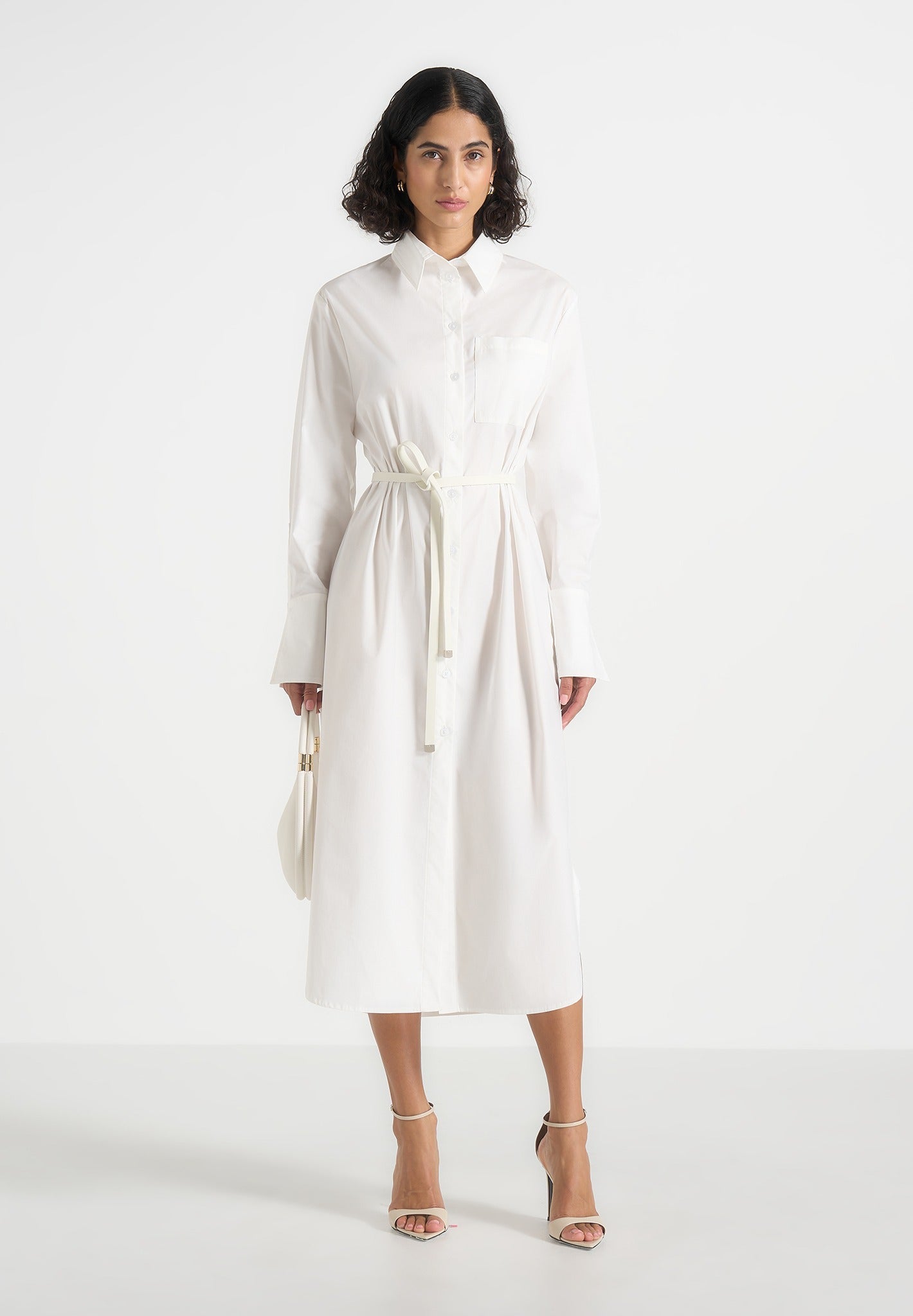 Women's Belted Cotton Midi Shirt Dress - White - US 0 - Isa