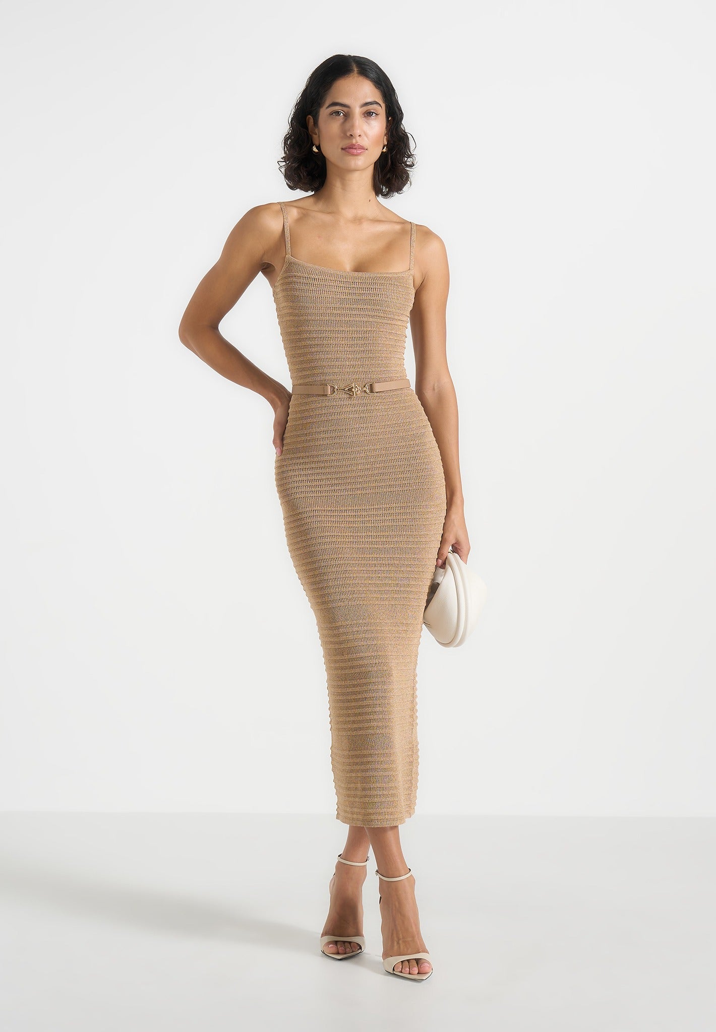 Women's Metallic Rib Knit Belted Midi Dress - Gold - M - Danika