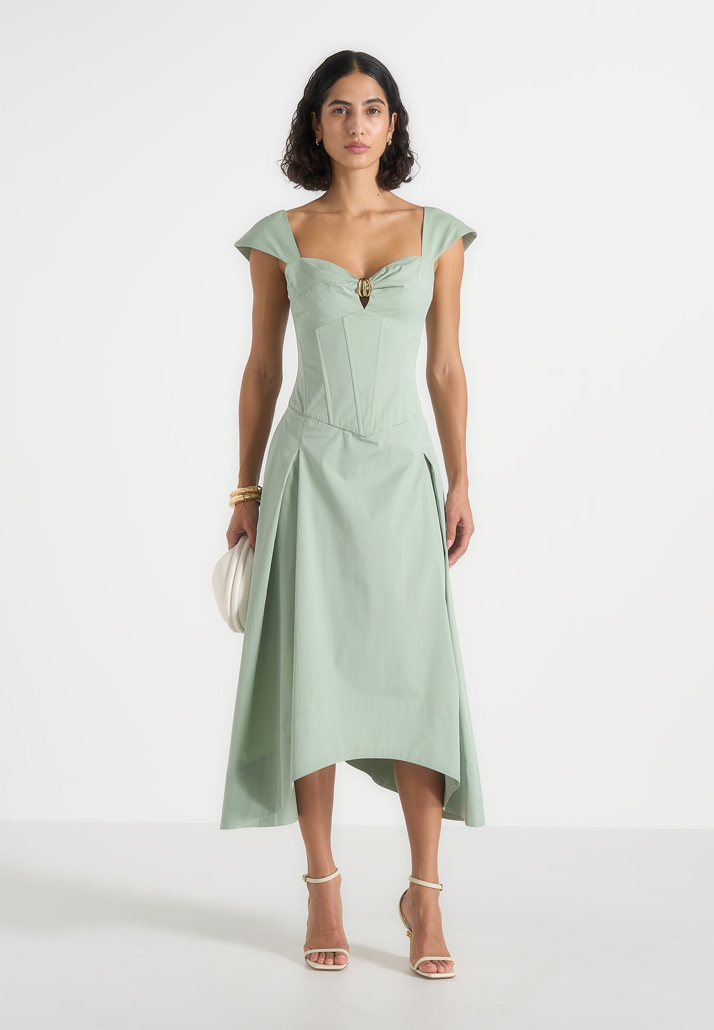 Women's Cap Sleeve Corset Cotton Midi Dress - Sage - US 10 - Faith