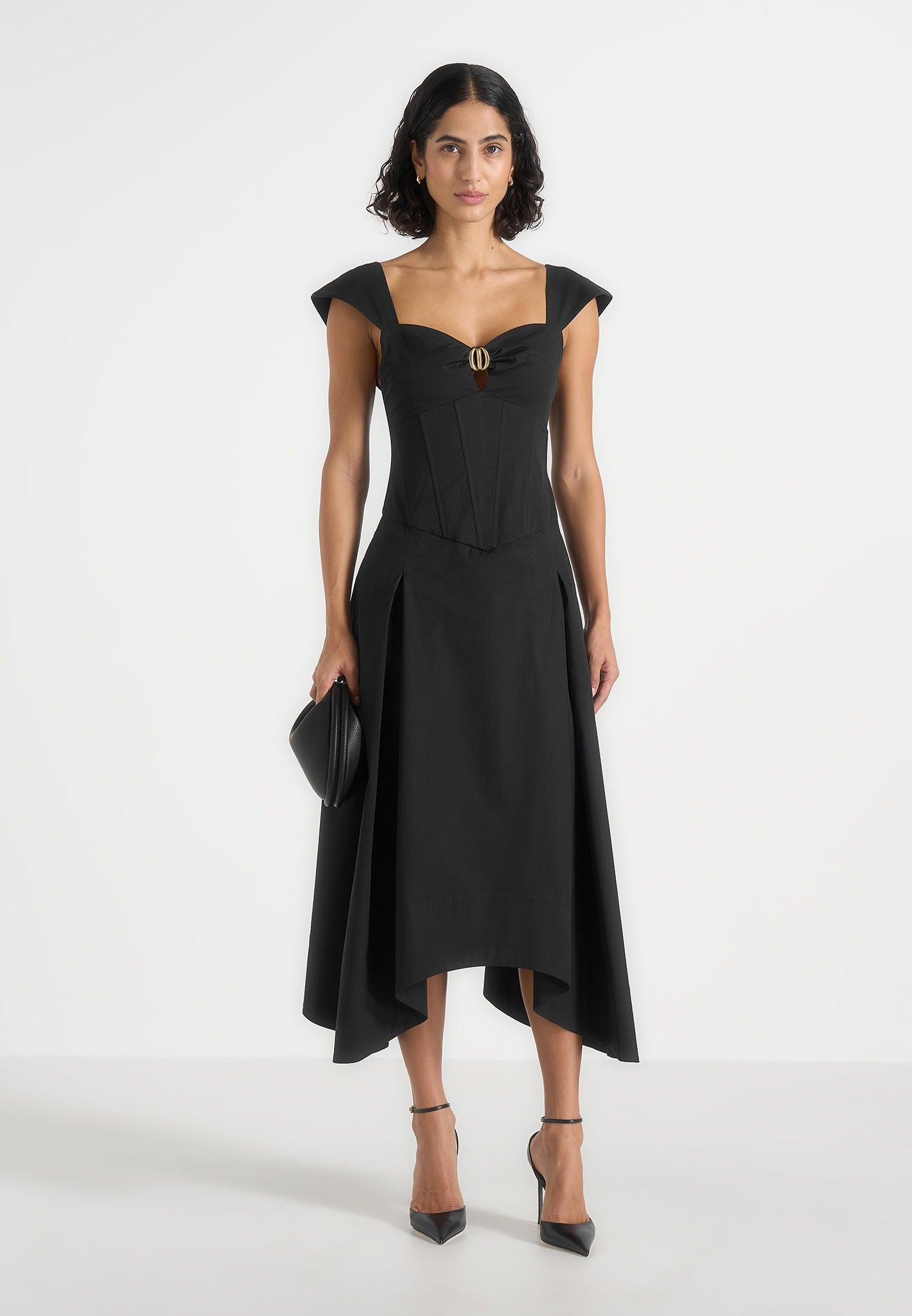 Women's Cap Sleeve Corset Cotton Midi Dress - Black - US 0 - Faith