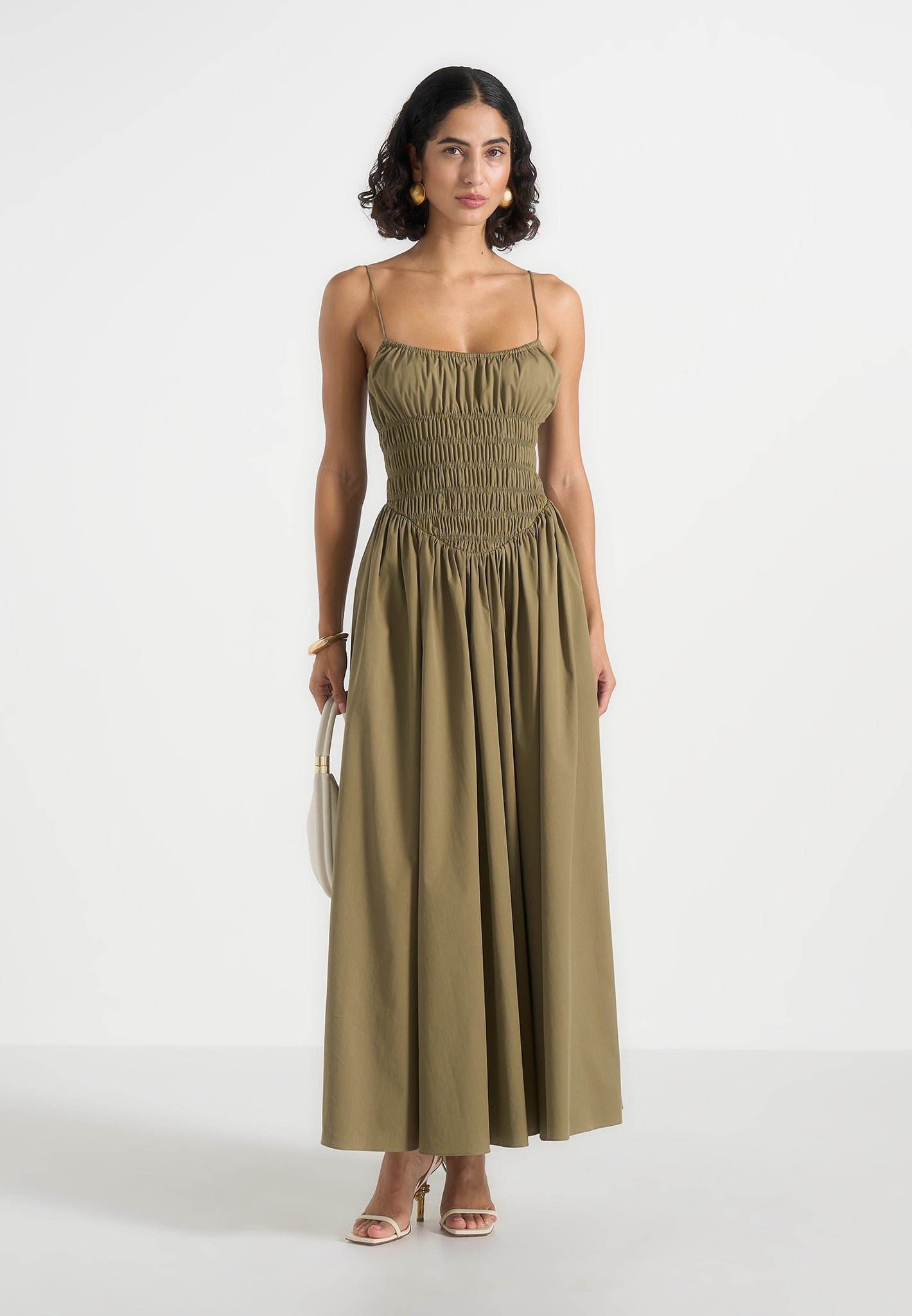 Women's Smocked Waist Cotton Maxi Dress - Khaki - US 12 - Elva