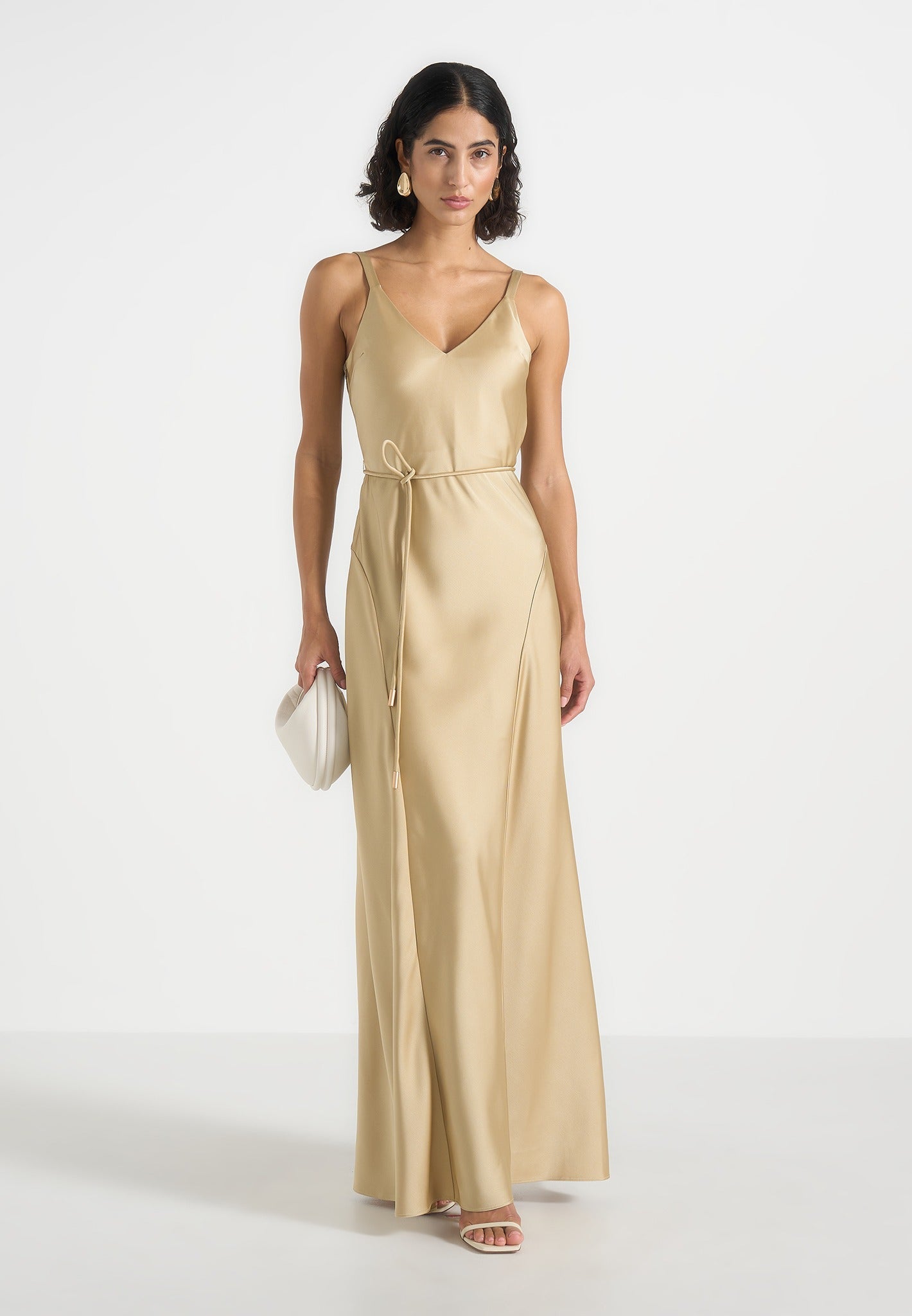 Women's Satin Belted Maxi Dress - Gold - US 12 - Saffron