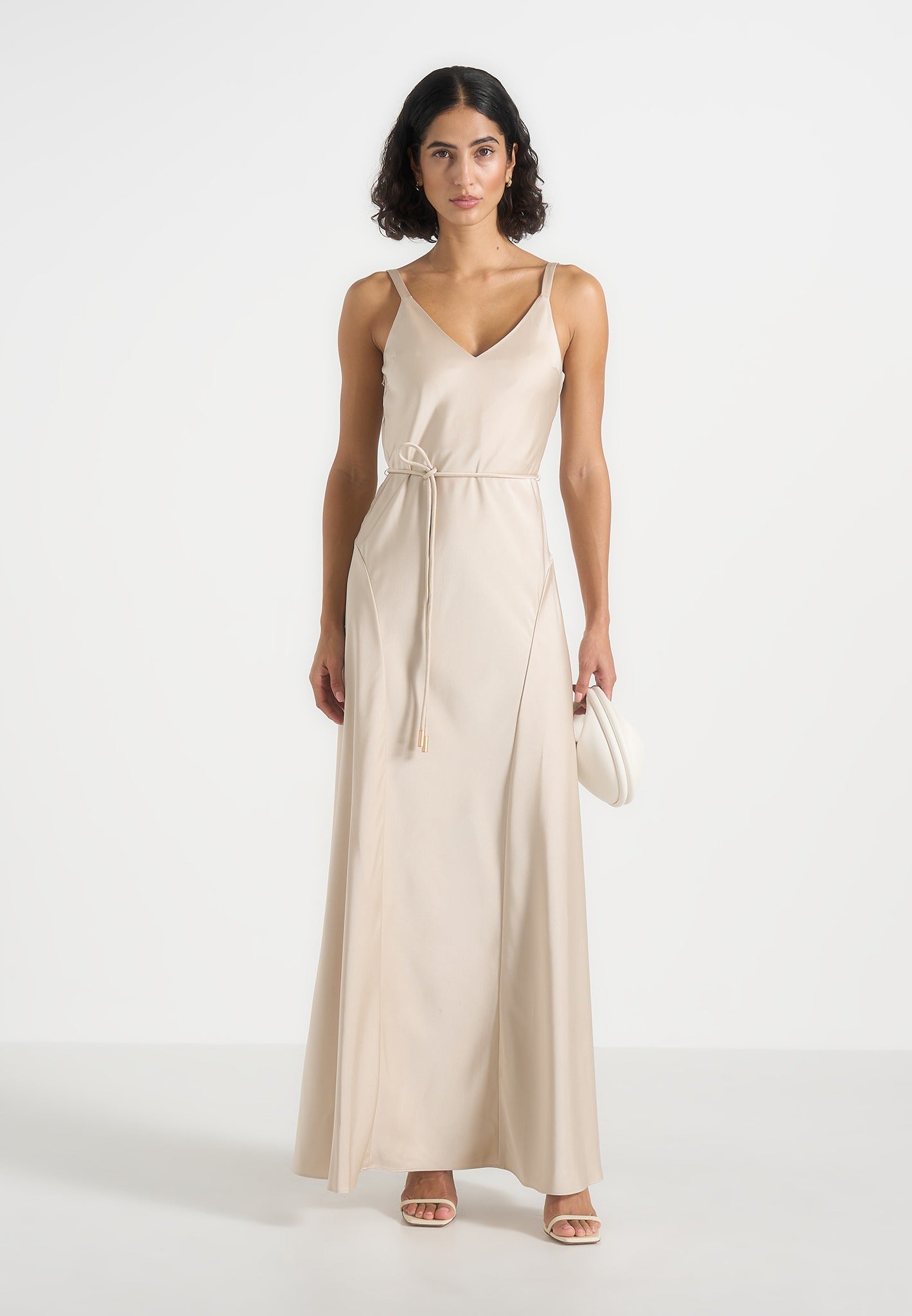 Women's Satin Belted Maxi Dress - Champagne - US 2 - Saffron