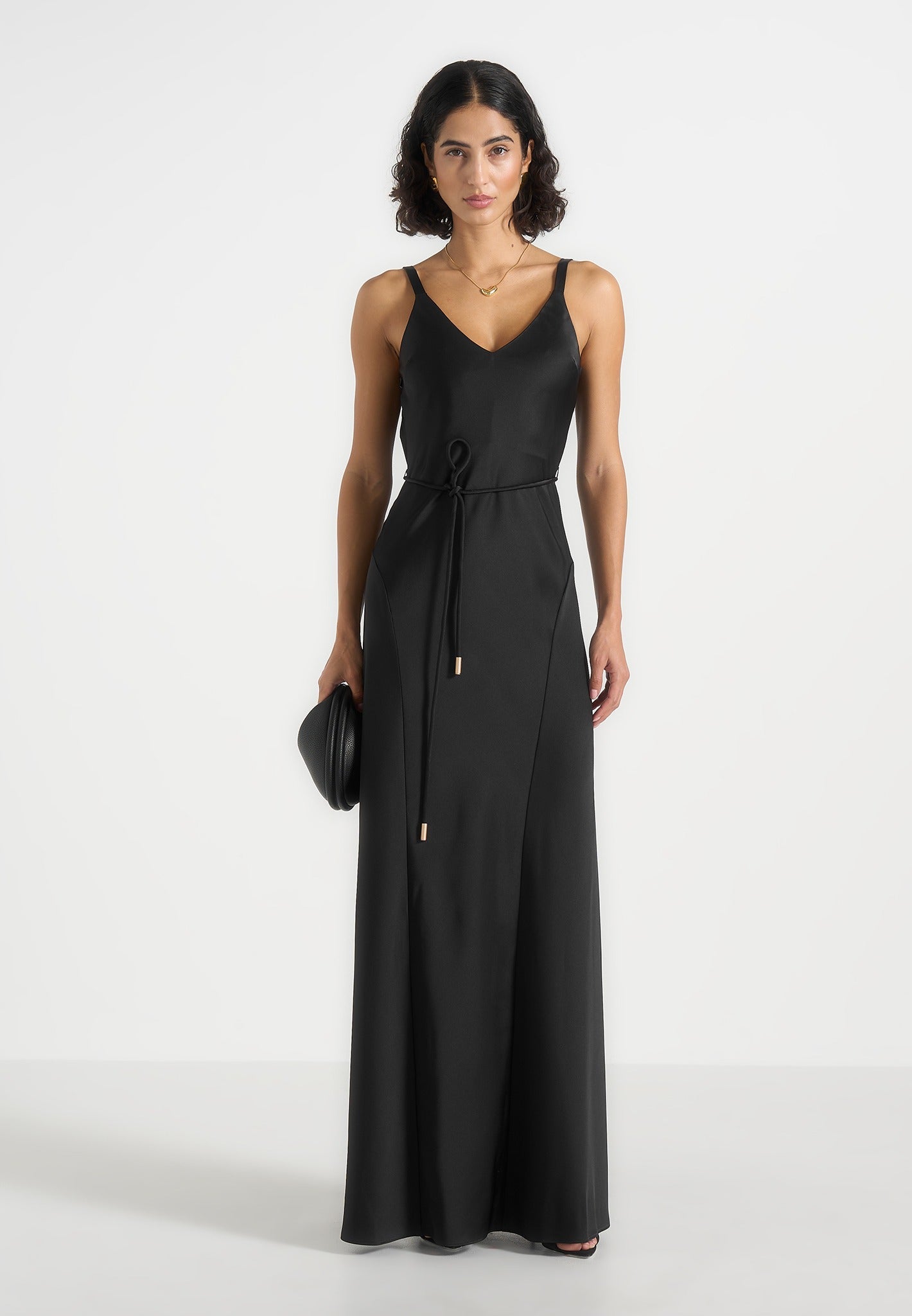 Women's Satin Belted Maxi Dress - Black - US 10 - Saffron