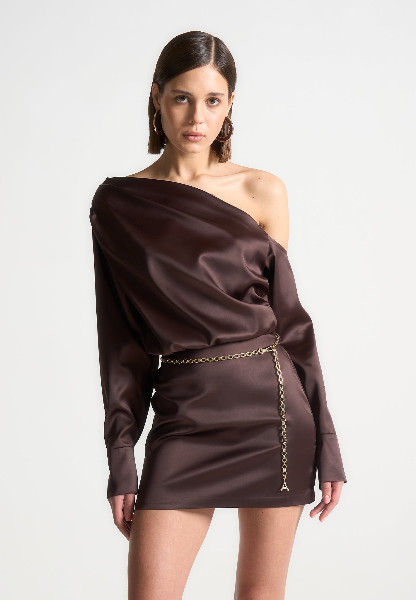 Women's Off Shoulder Draped Satin Mini Dress with Belt - Brown - US 6 - Manire de Voir Women's Off Shoulder Draped Satin Mini Dress with Belt - Brown - US 6 - Manire de Voir