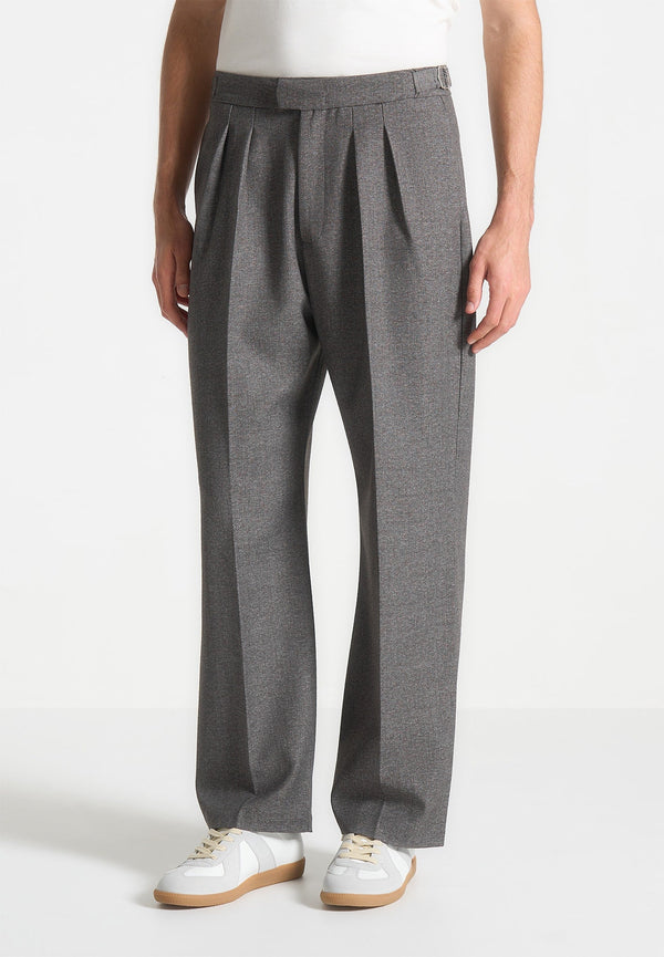 Pierre - Relaxed Fit Textured Pleated Tailored Trousers - Dark Grey