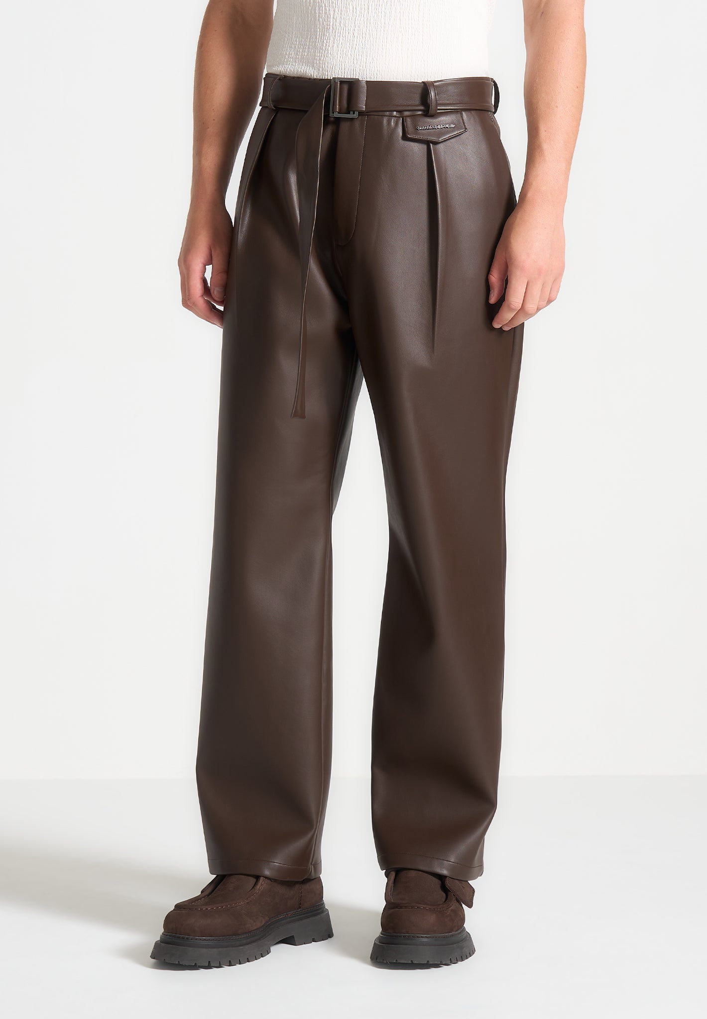 Serge Relaxed Fit Leather Pleated Trousers Brown Manière De