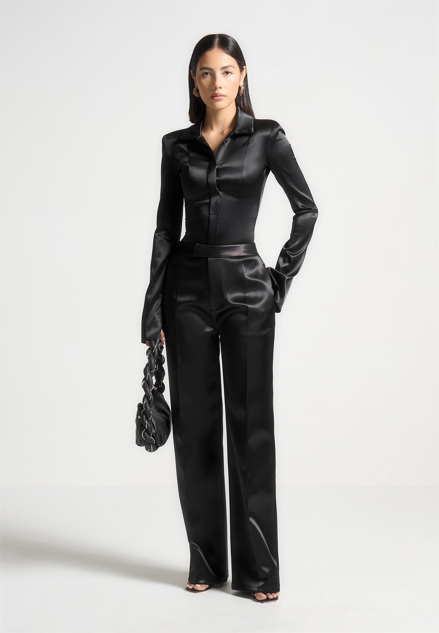 Women's Wide Shoulder Satin Shirt Bodysuit - Black - US 0 - Louise