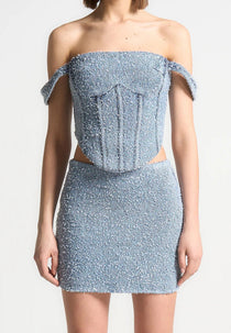 Bonnie - Boucle Denim Bardot Corset Top - Mid Blue