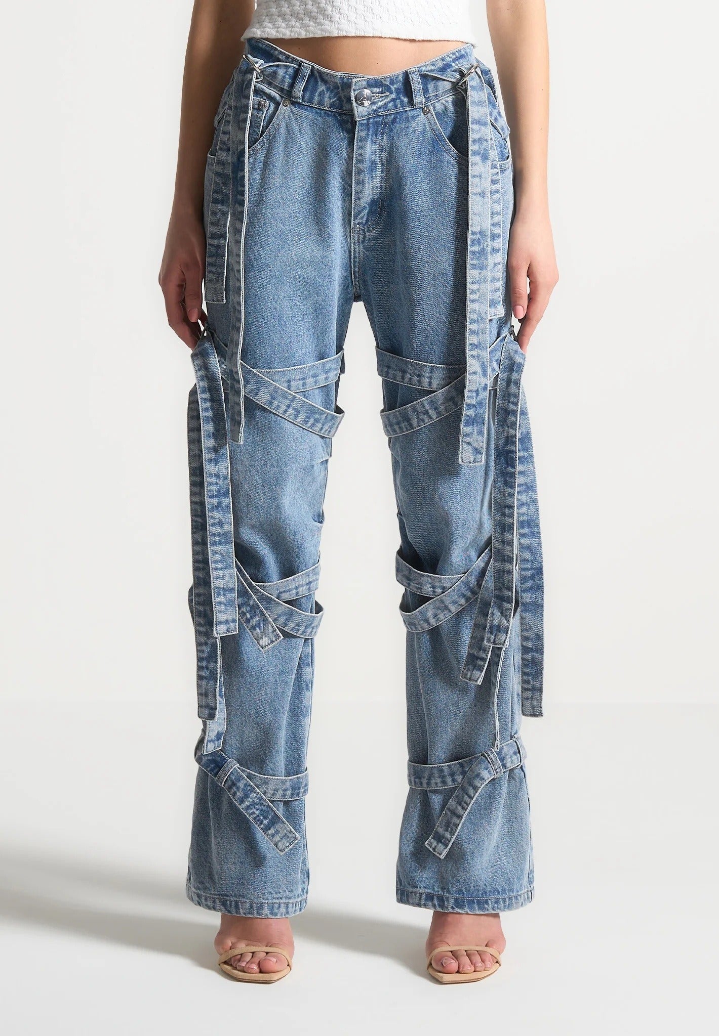 Talia - Denim Strap Cargo Jeans - Mid Blue | Manière De Voir USA