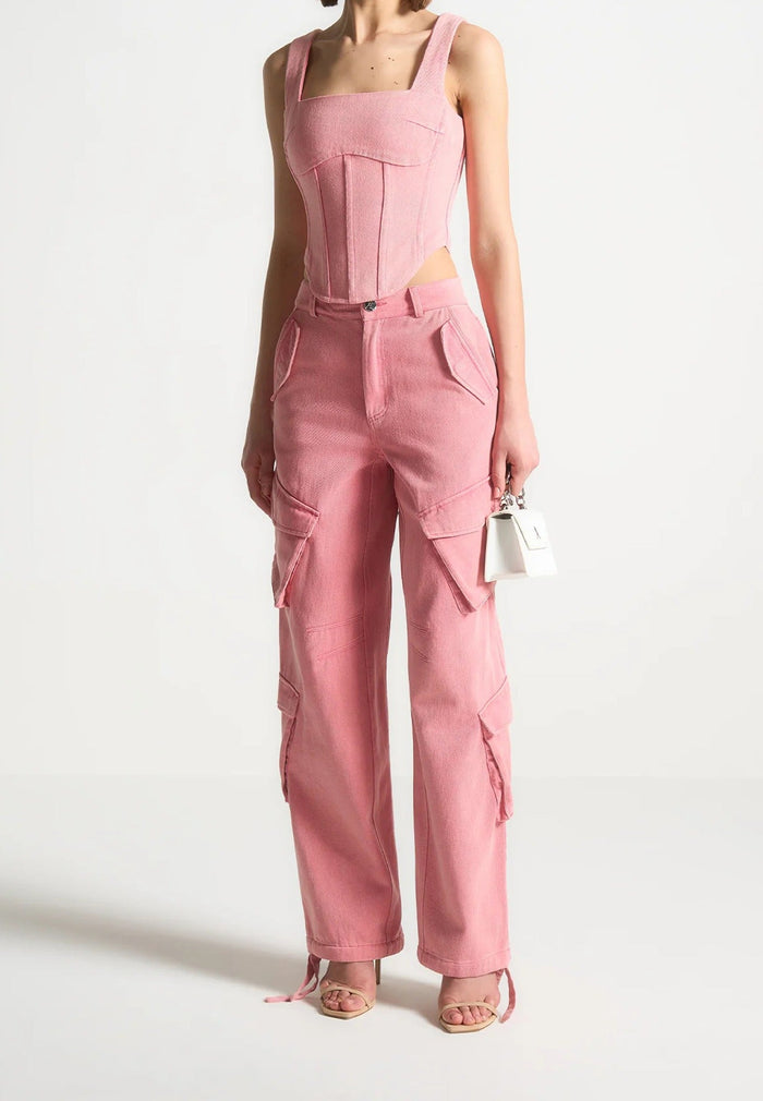 Anne - High Waisted Cargo Pants - Washed Pink