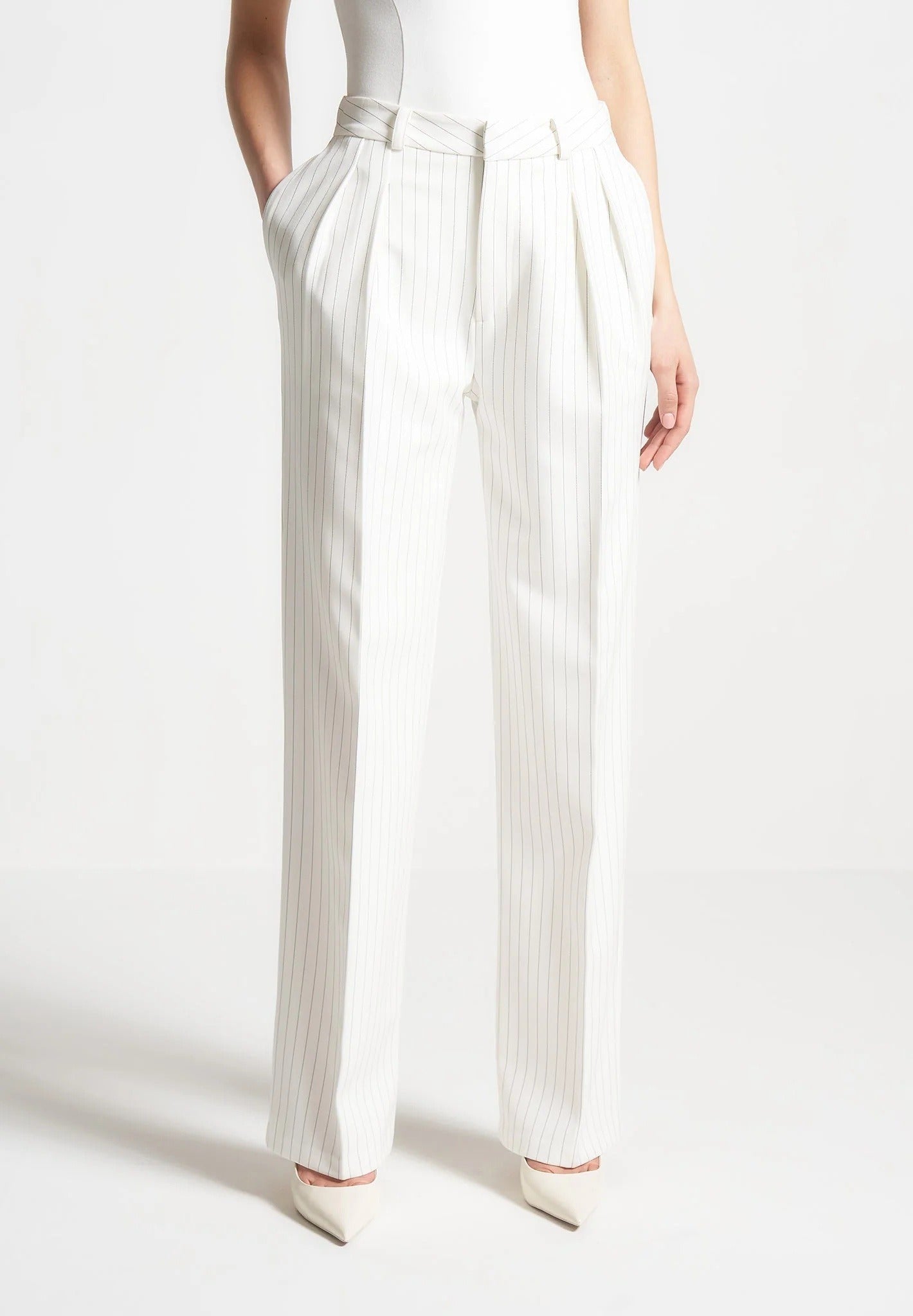 Julie - Pinstripe Twin Pleat Tailored Pants - White