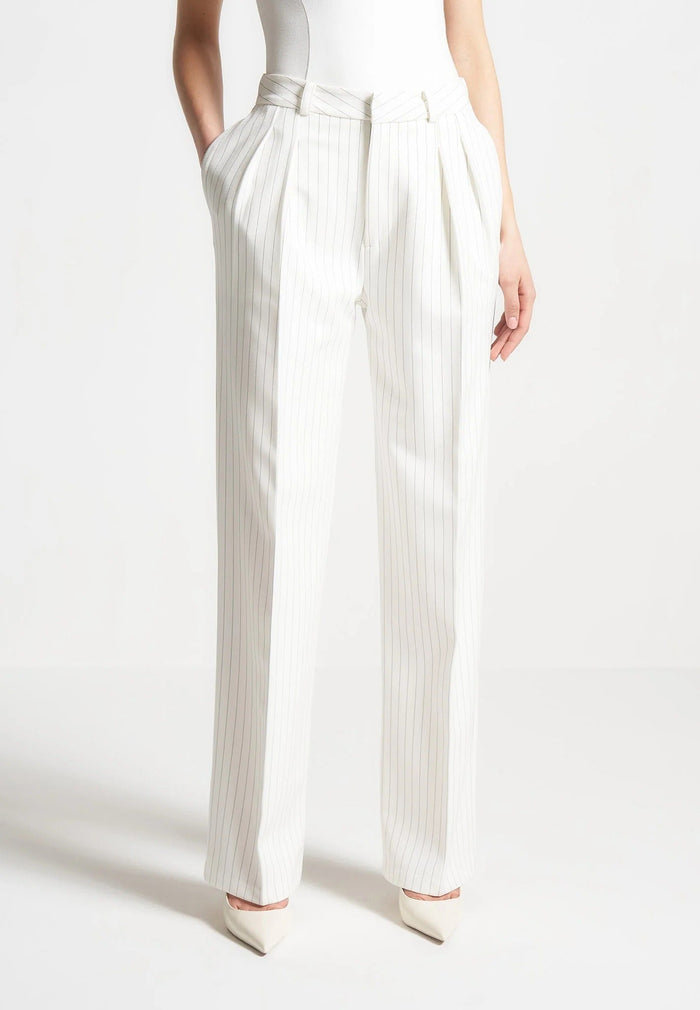 Julie - Pinstripe Twin Pleat Tailored Pants - White