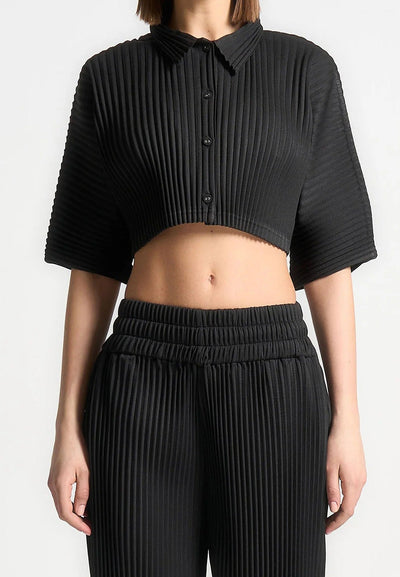 Mona - Pleated Cropped Shirt - Black