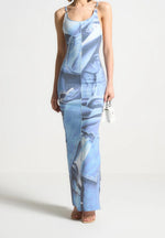 Printed Denim Effect Maxi Dress - Blue