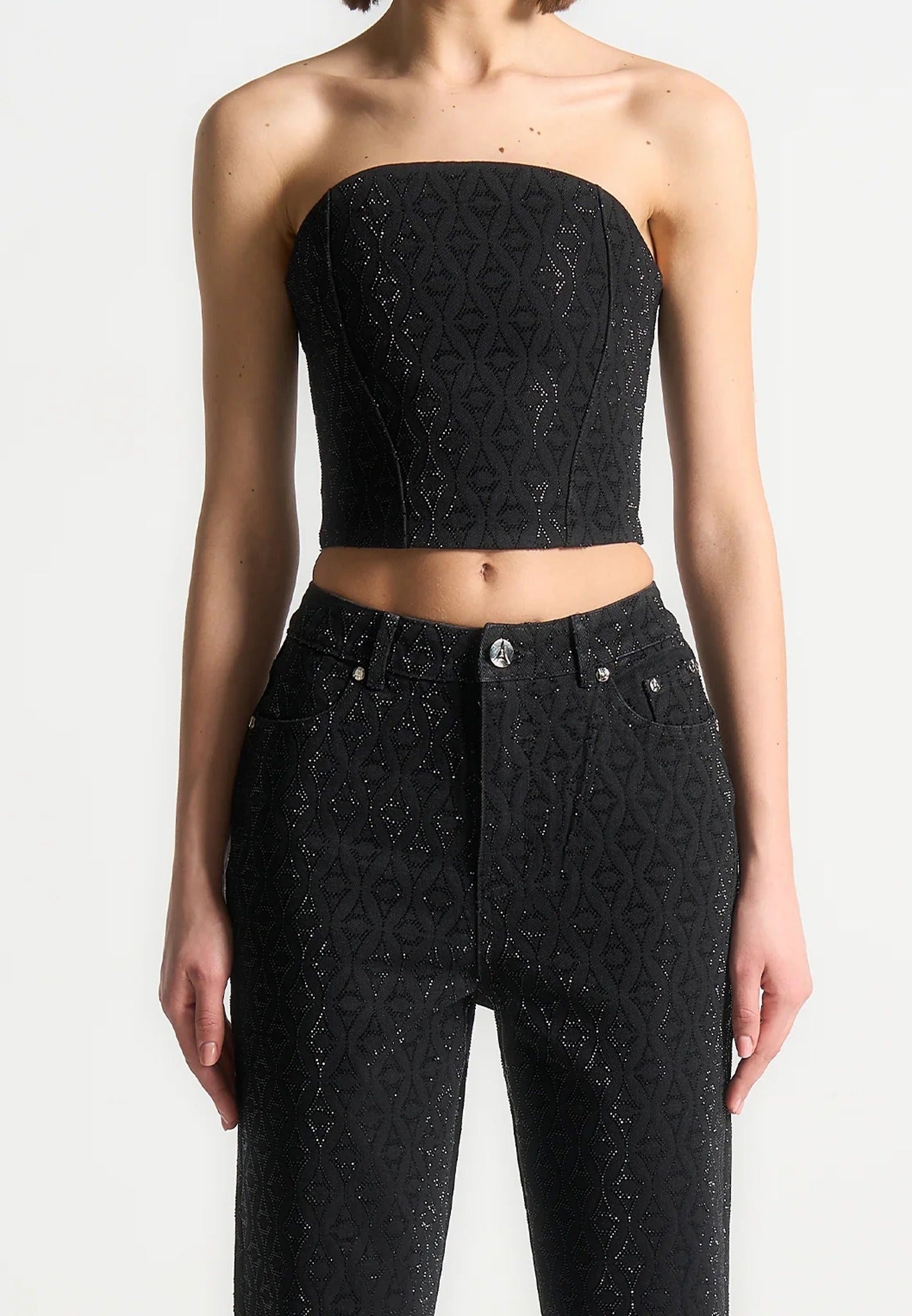 Rhinestone Eiffel Denim Bandeau Corset Top - Black | Manière De