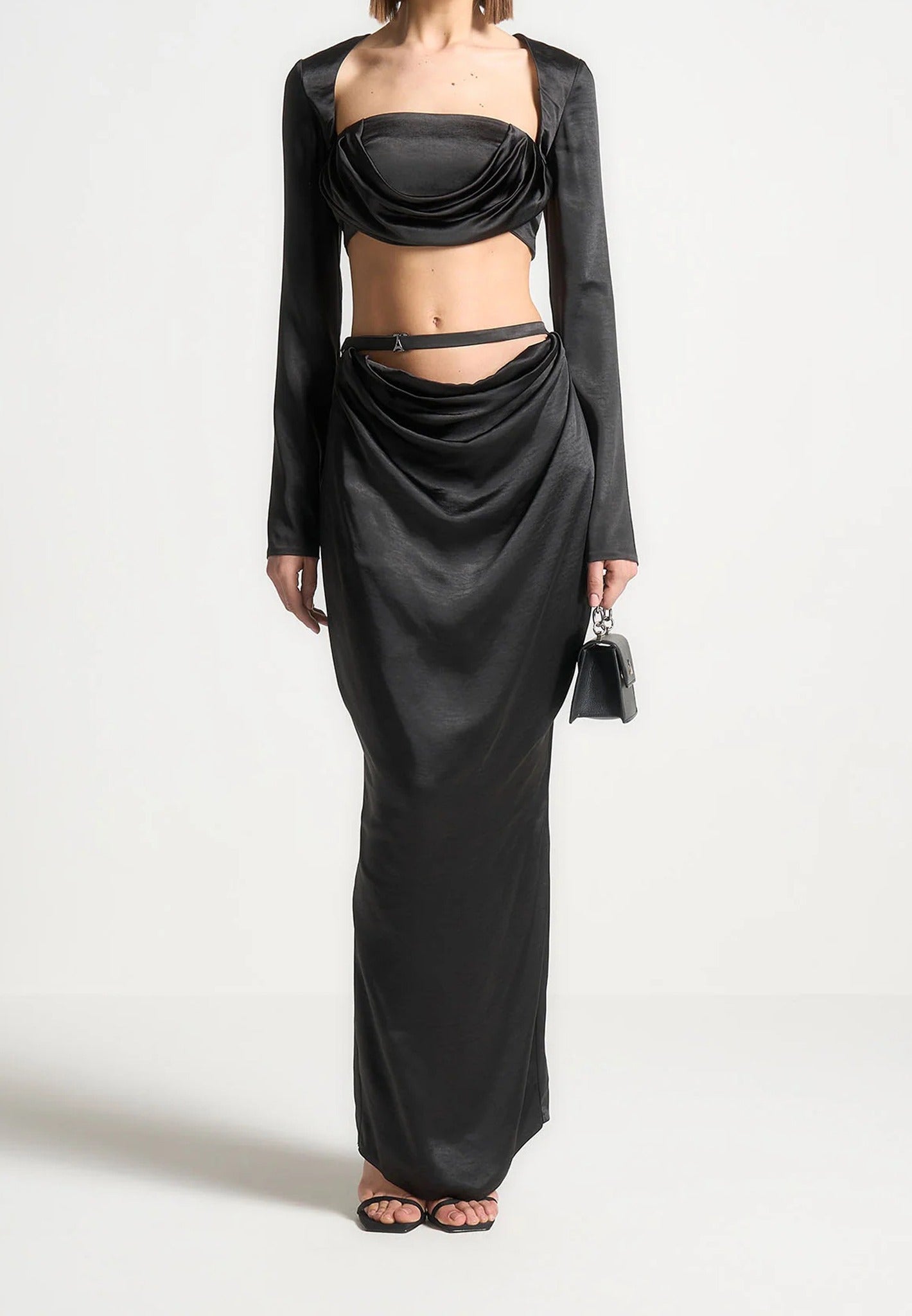 Satin Drape Bandeau Bolero Top - Black 