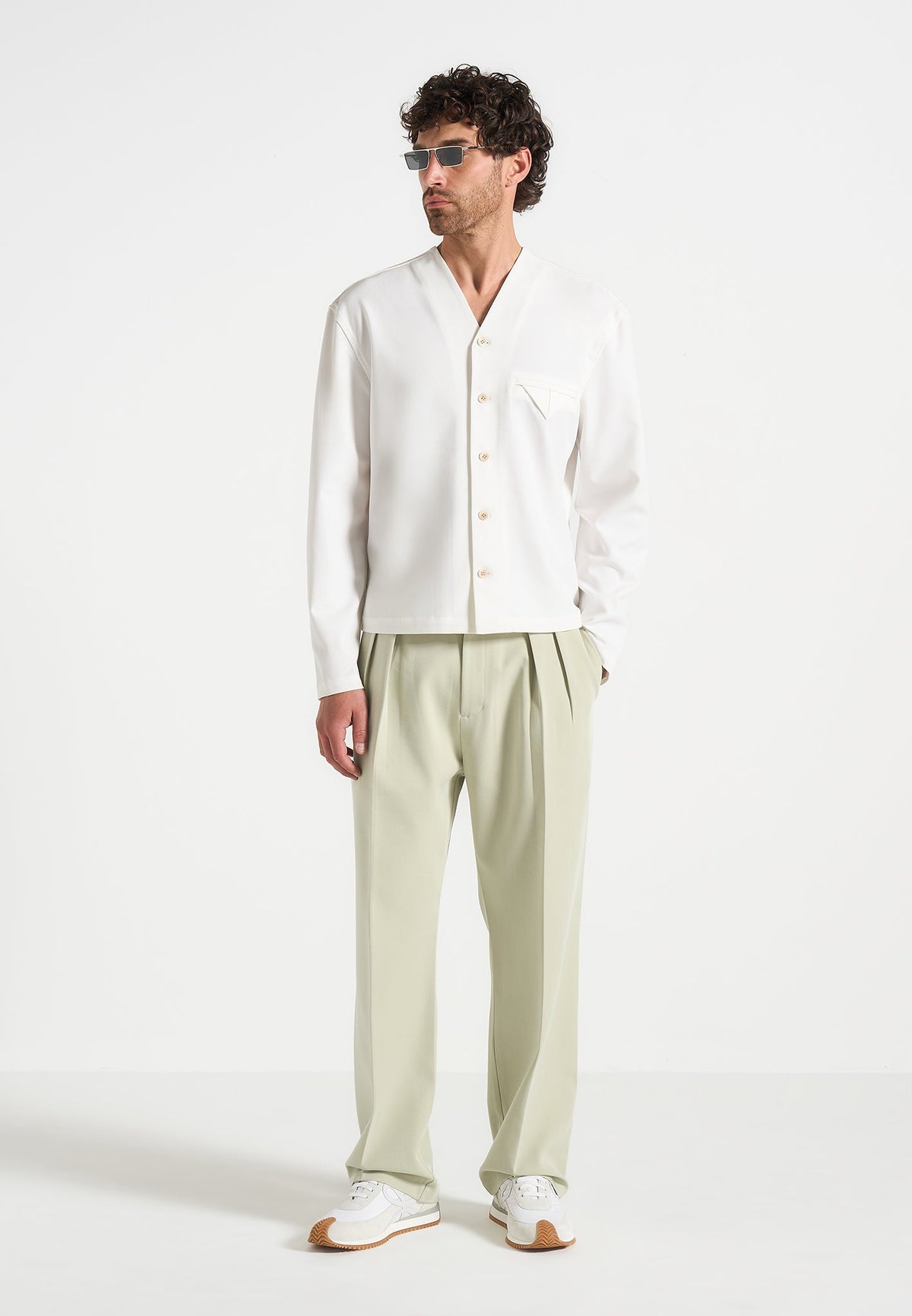 Pierre - Relaxed Fit Hatched Pleated Tailored Pants - Sage