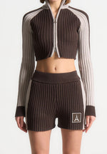 Rib Knit Track Jacket - Brown/Beige