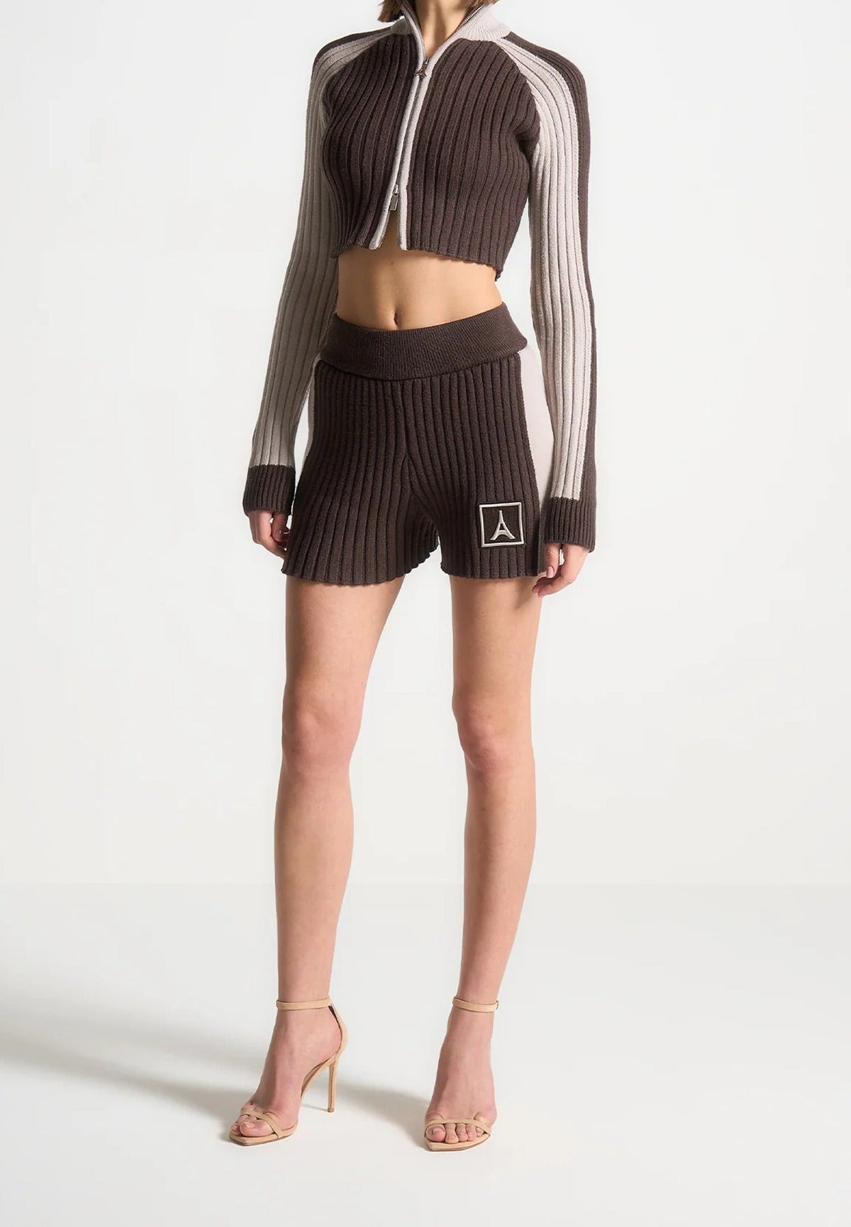 Rib Knit Track Shorts - Brown/Beige