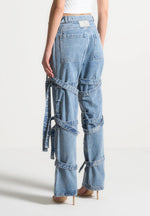Talia - Denim Strap Cargo Jeans - Mid Blue
