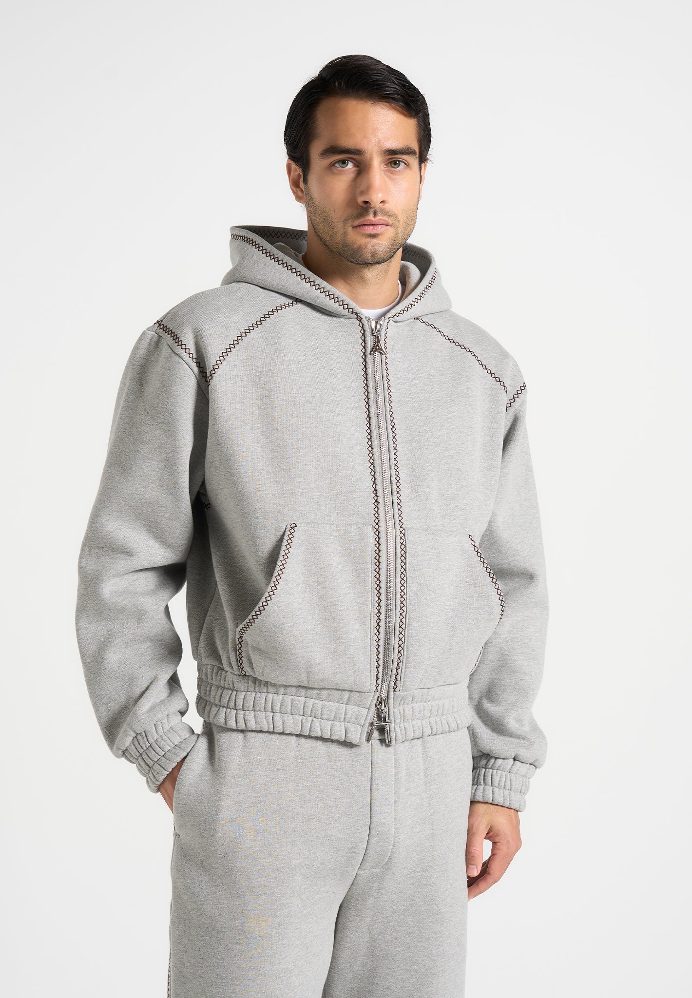 Ivan - Whipstitch Raglan Effect Zip Hoodie - Light Grey