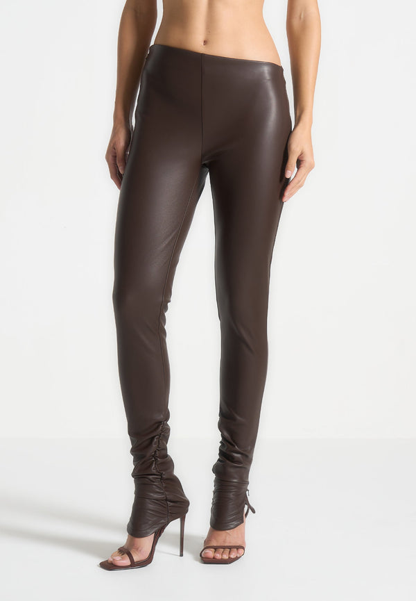 Clara - Leather Angled Waistband Leggings - Brown