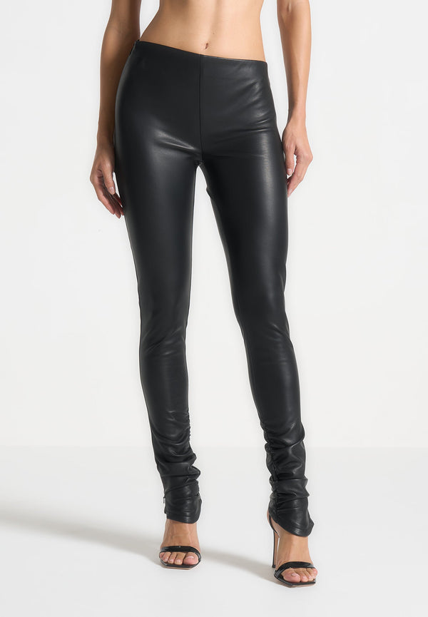 Clara - Leather Angled Waistband Leggings - Black