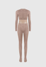 Chantal - Pointelle Knit Long Sleeve Jumpsuit with Belt - Taupe