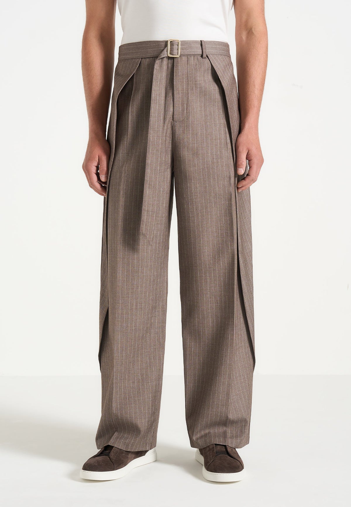 Charles - Wide Fit Wrap Leg Pinstripe Tailored Pants - Taupe