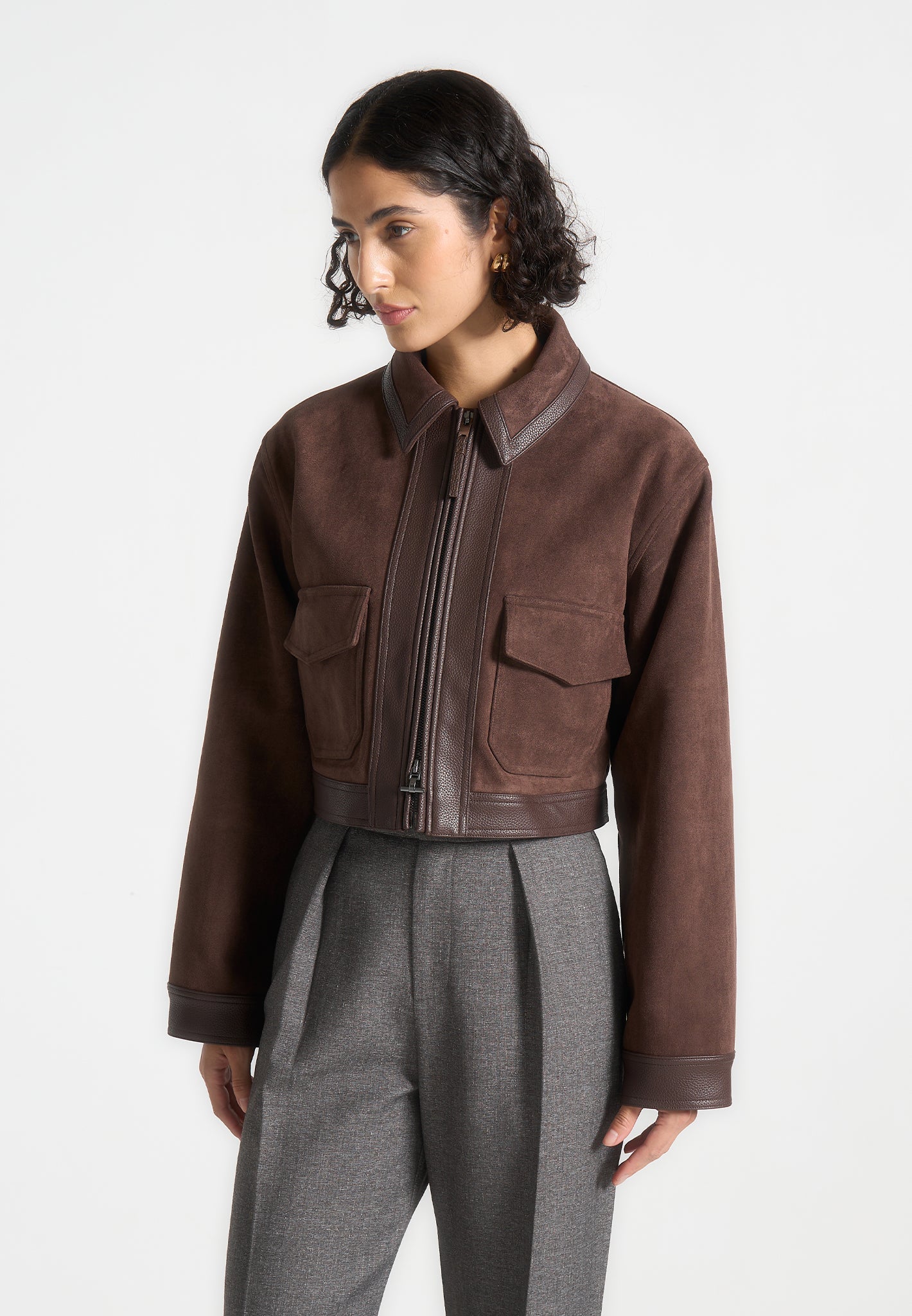 Denise - Suede & Pebbled Leather Jacket - Brown | Manière De Voir USA