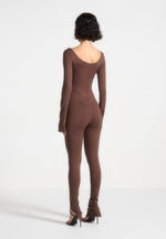 twisted-bust-off-shoulder-jumpsuit-brown