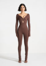 twisted-bust-off-shoulder-jumpsuit-brown