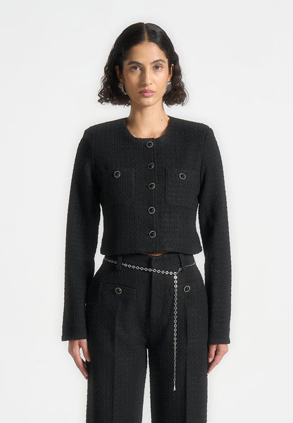 Celine - Cropped Tweed Jacket with Pearls - Black | Manière De