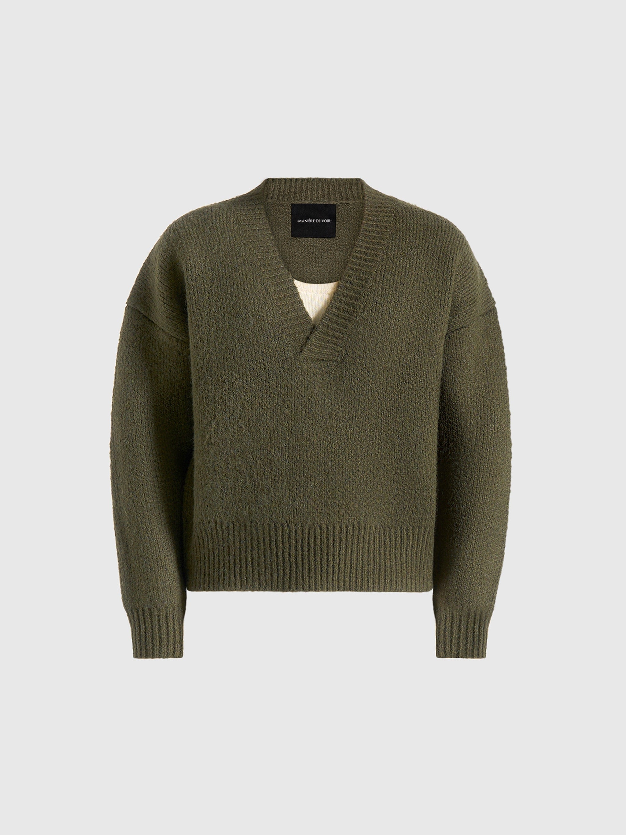 Chad - V-Neck Wool Knit Jumper - Olive
