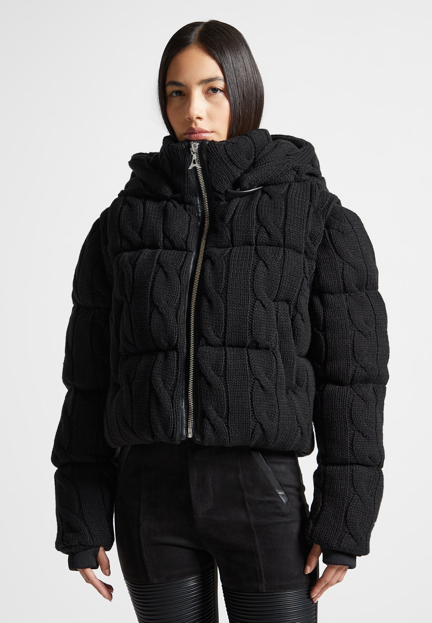 2-in-1 Cable Knit Puffer Jacket/Gilet - Black