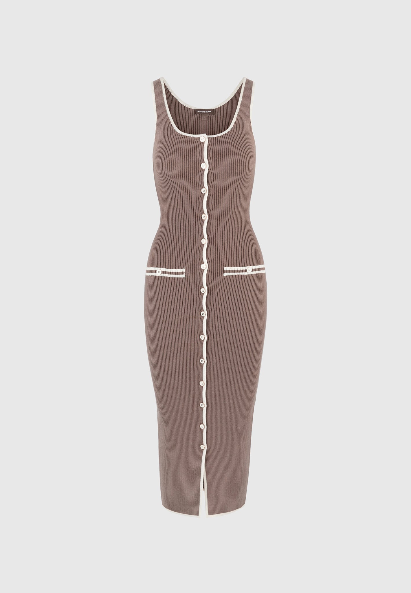 Daphne - Rib Knit Contrast Midi Dress - Brown/Cream | Manire De Voir USA Daphne - Rib Knit Contrast Midi Dress - Brown/Cream | Manire De Voir USA
