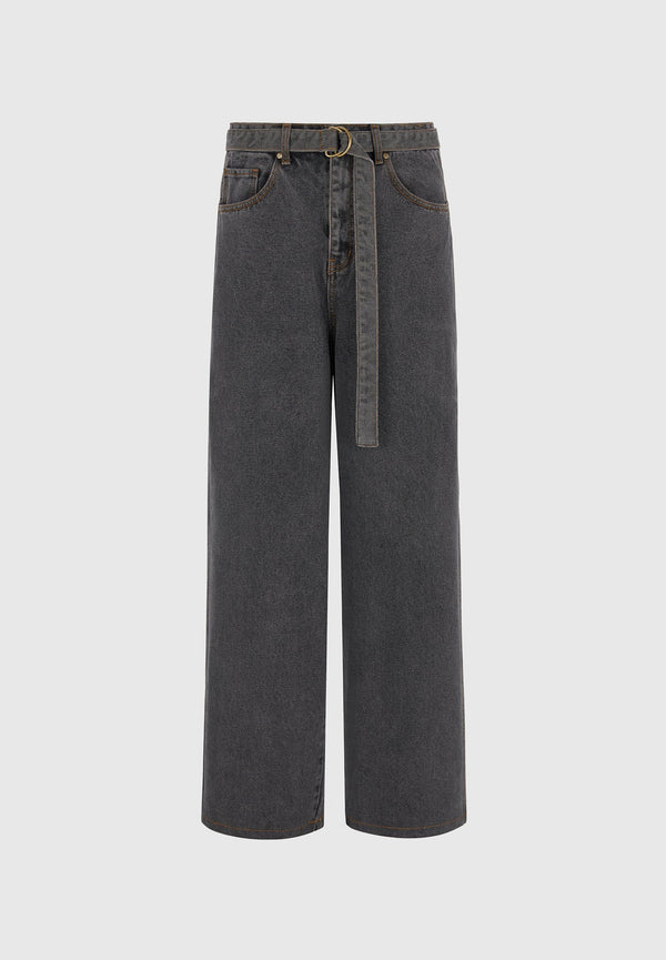 Adam -  Wide Leg Belted Jeans - Black Wash