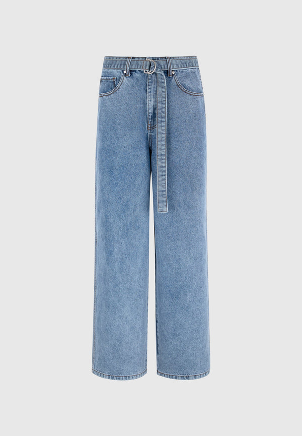 Adam - Wide Leg Belted Jeans - Blue Wash