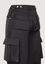 Emilie - Satin High Waisted Cargo Pants - Black