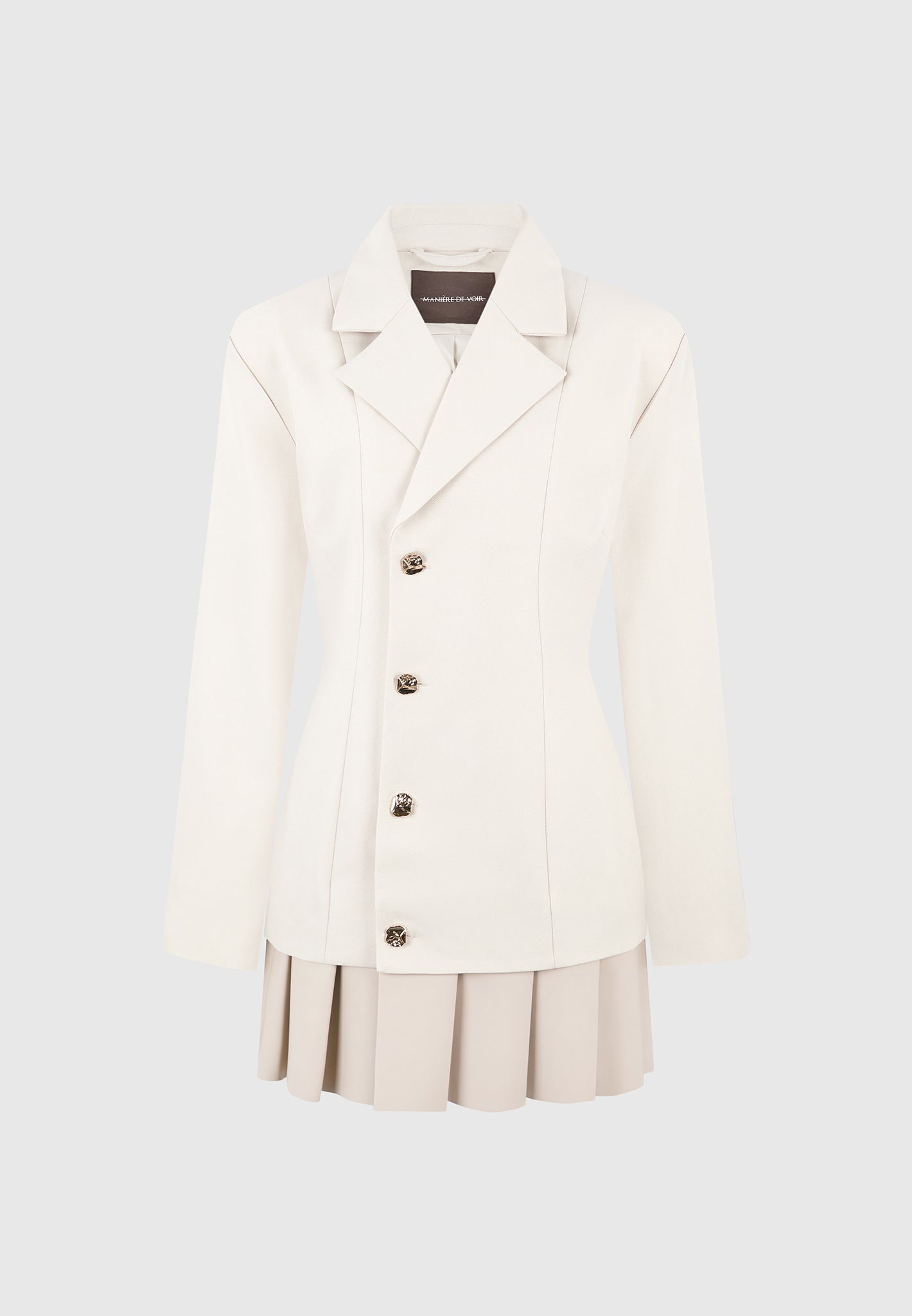 Nicole - Tailored Cinch Blazer Dress with Pleats - Cream/Beige | Manire De Voir USA Nicole - Tailored Cinch Blazer Dress with Pleats - Cream/Beige | Manire De Voir USA