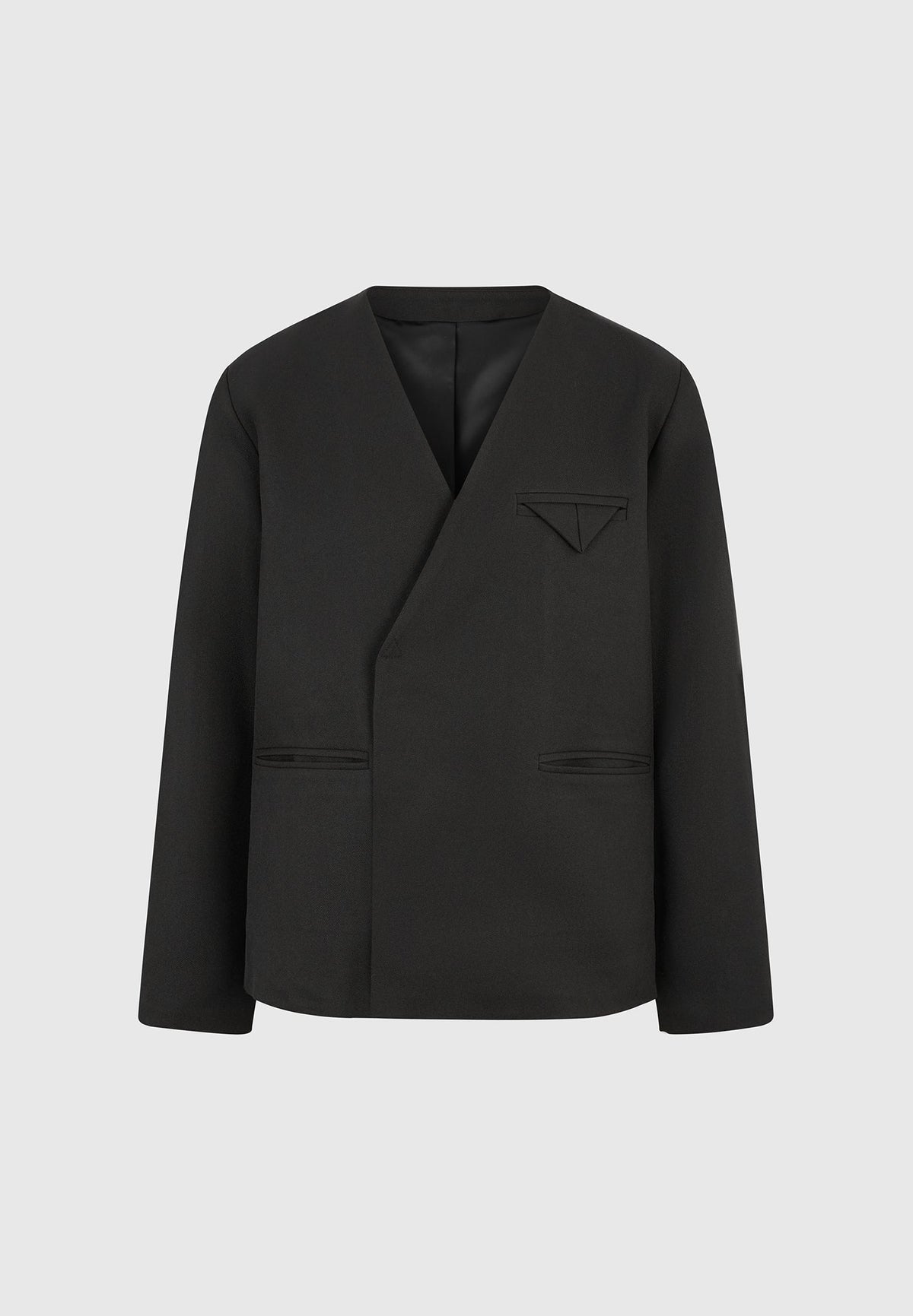 Colin - Collarless Double Breasted Minimal Blazer - Black