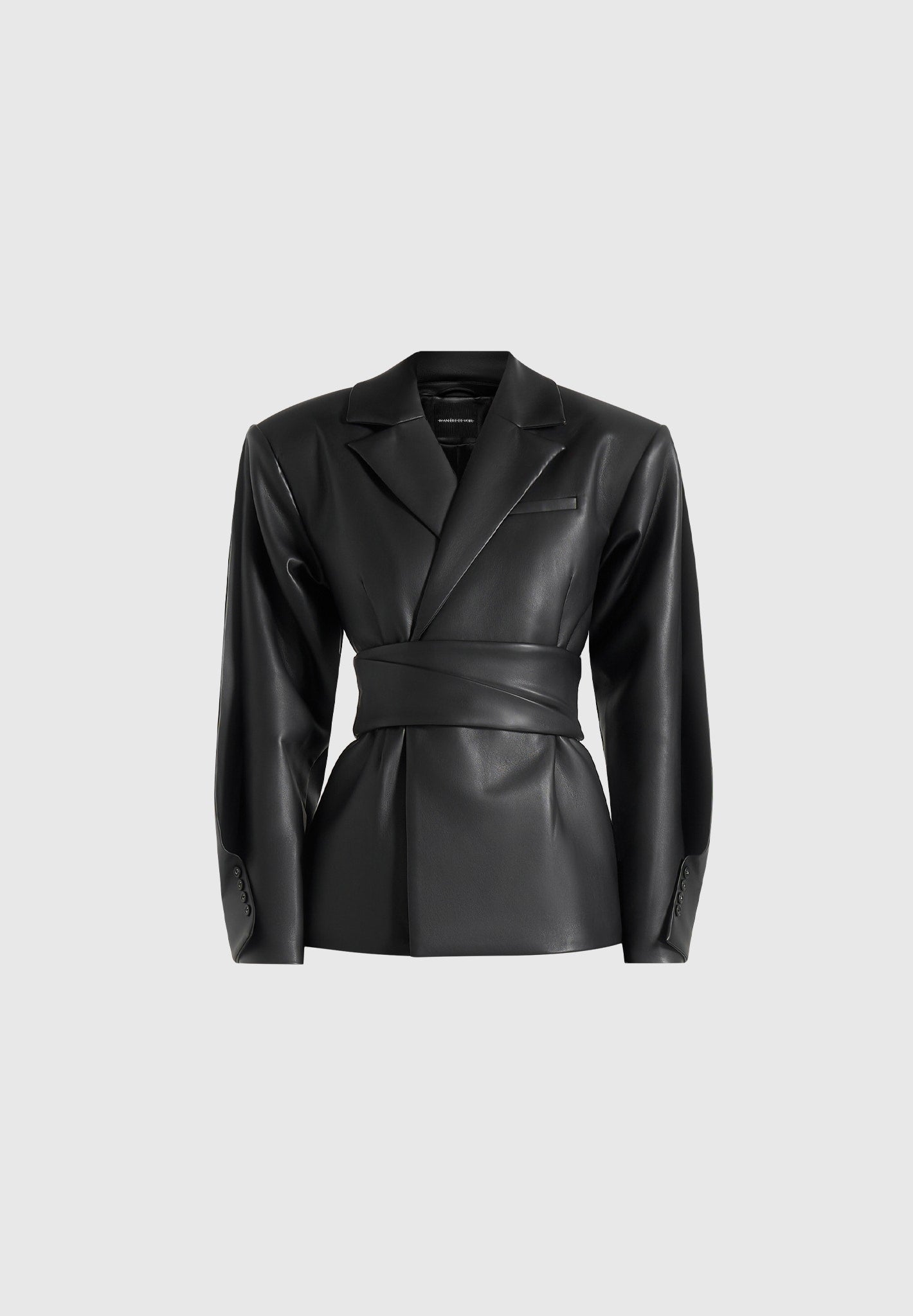 marie-twist-sleeve-leather-blazer-with-belt-black
