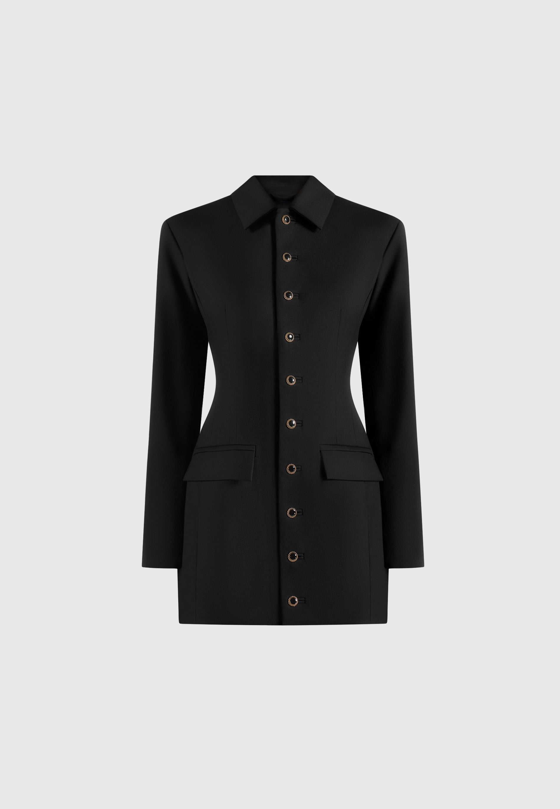 Amelie - Hourglass Button Up Blazer Dress - Black | Manire De Voir USA Amelie - Hourglass Button Up Blazer Dress - Black | Manire De Voir USA