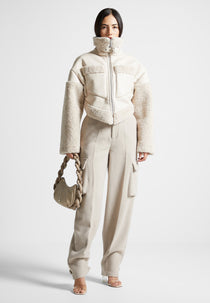 Angular Hem Leather Borg Biker Jacket - Beige