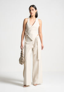 Asymmetric Tailored Waistcoat with Tie - Light Beige